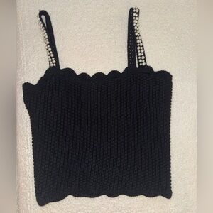 Aqua Faux Pearl Embellished Knit Tank in Black 🖤